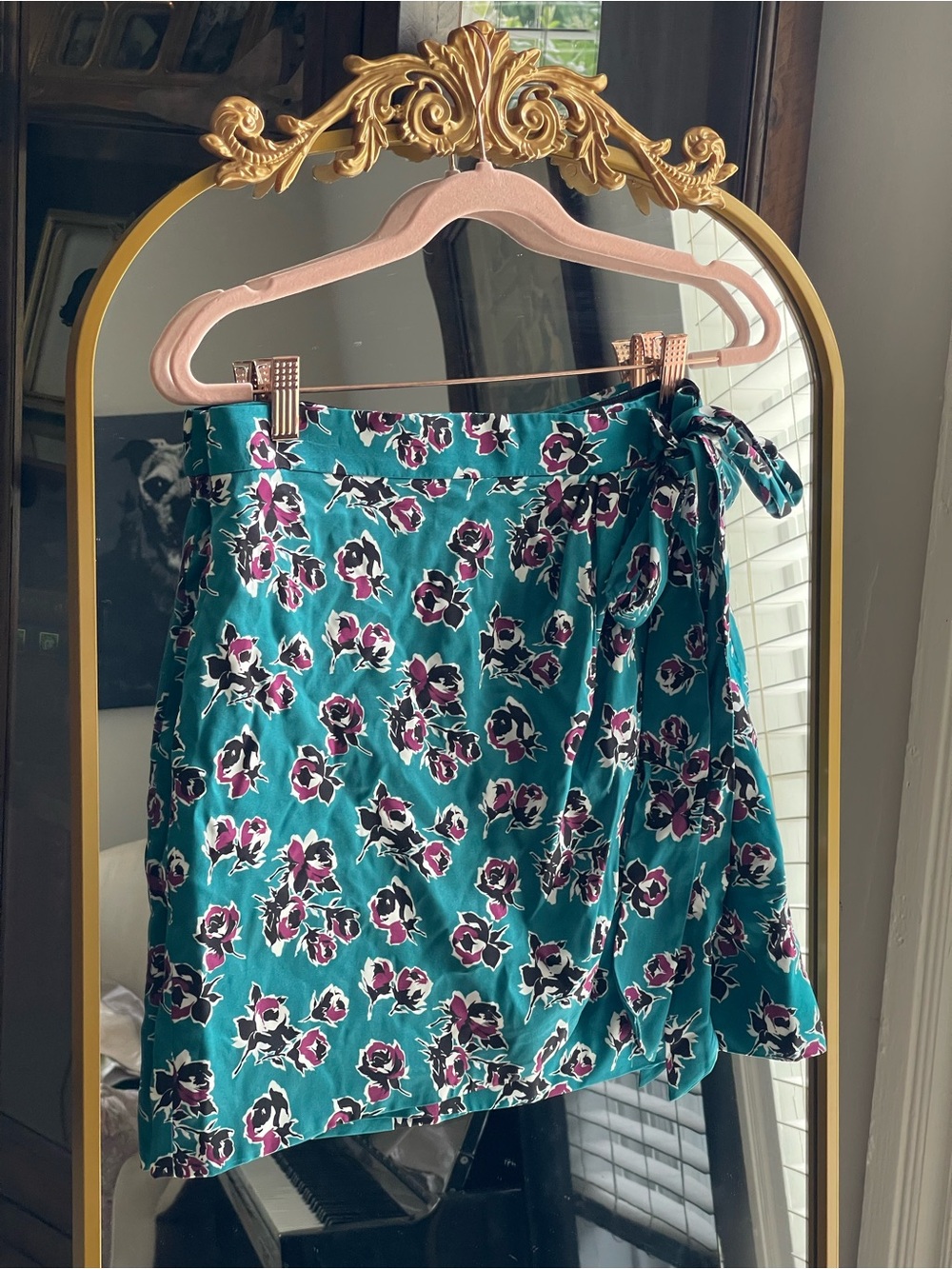 The Kooples NWT Teal Purple Rock Roses Faux Wrap Mini Skirt